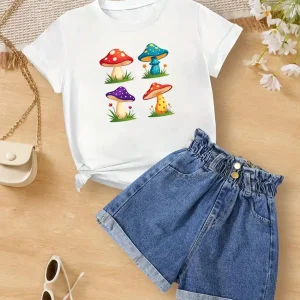 Tween Girls Cotton T-Shirt, With Colorful Cartoon Mushrooms