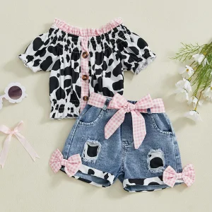 Leopard Print, Top, distressed Denim Shorts with Belt